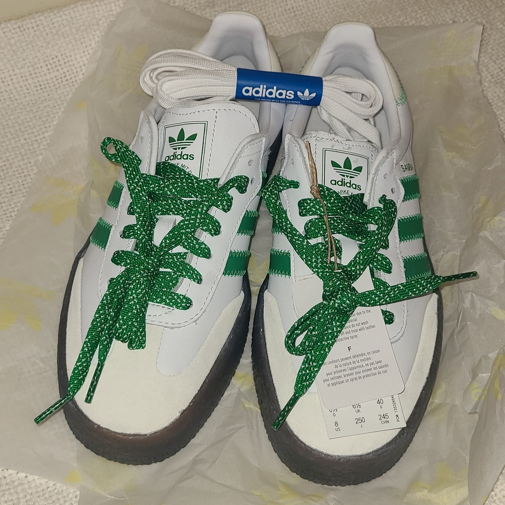 NWT Adidas White and Green Samba Sneakers with Dark Brown Rubber Sole